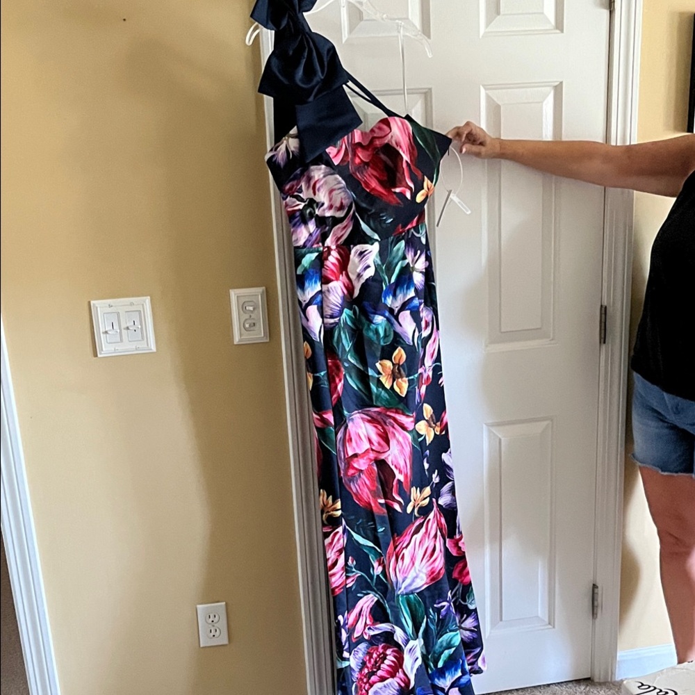 Marchesa Floral Dress with Pink and Navy Hues